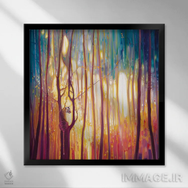 تابلو ببری روشن همچون آتش اثر گیل بوستامانته - نمای قابدار مشکی