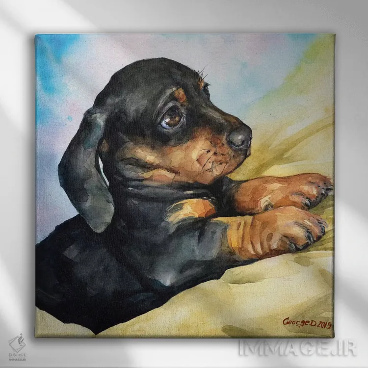 تابلو توله داشهاند (نژاد سگ) اثر جورج دیاچنکو - نمای روبهرو روی دیوار