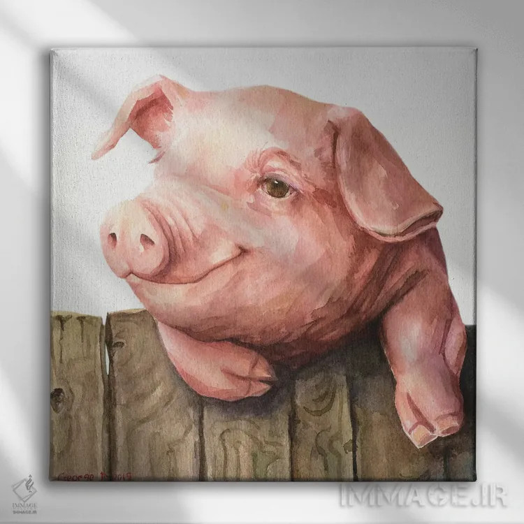 تابلو خوک کوچولو با زمینه سفید اثر جورج دیاچنکو - نمای روبهرو روی دیوار