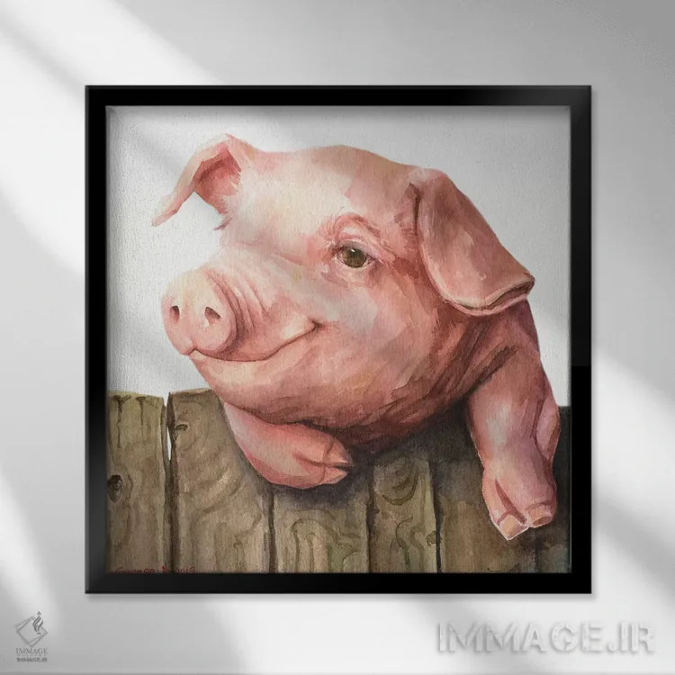 تابلو خوک کوچولو با زمینه سفید اثر جورج دیاچنکو - نمای قابدار مشکی