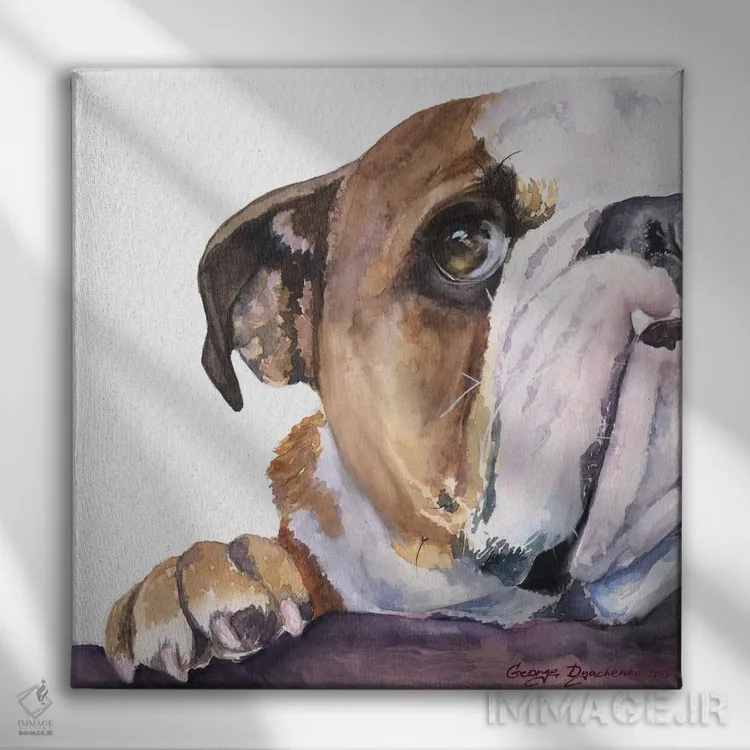 تابلو توله بولداگ انگلیسی دزدکی (نژاد سگ) اثر جورج دیاچنکو - نمای روبهرو روی دیوار