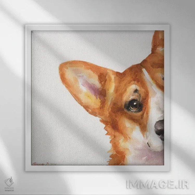 تابلو کورگی دزدکی ۱ (نژاد سگ) اثر جورج دیاچنکو - نمای قابدار سفید