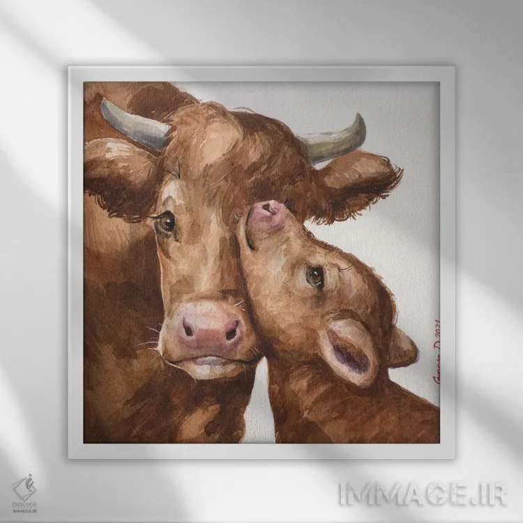 تابلو گاو مادر و گوسالهاش اثر جورج دیاچنکو - نمای قابدار سفید