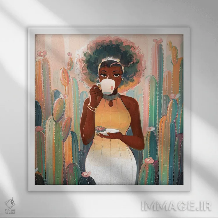 تابلو چای کاکتوس اثر ژنووا بی - نمای قابدار سفید