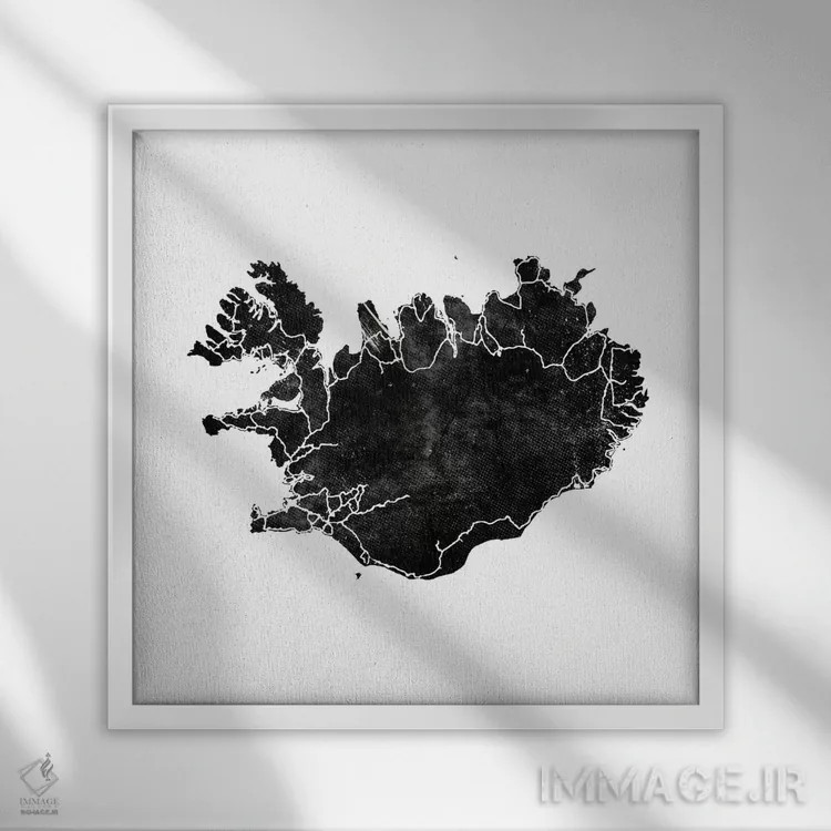 تابلو نقشهٔ سیاه ایسلند، مشکی II (مربع) اثر مونیکا استریگل - نمای قابدار سفید