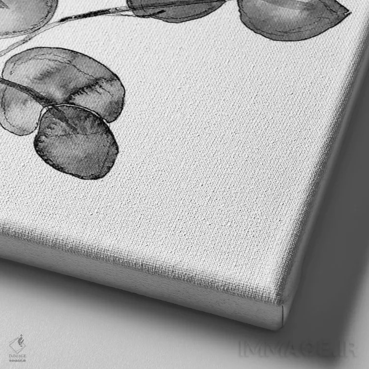 تابلو اکالیپتوس آبرنگی سیاه و سفید (مربع) اثر مونیکا استریگل - نمای نزدیک بافت بوم