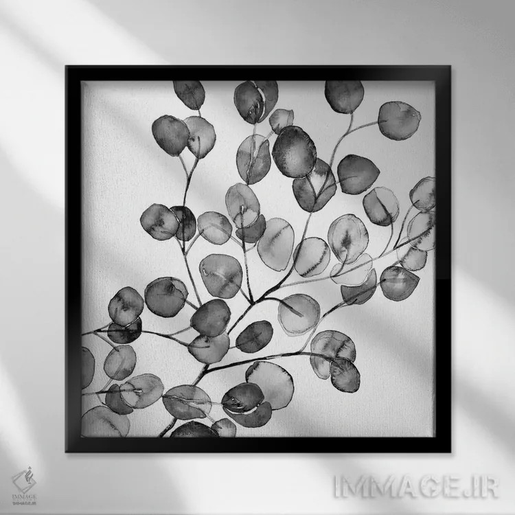 تابلو اکالیپتوس آبرنگی سیاه و سفید (مربع) اثر مونیکا استریگل - نمای قابدار مشکی