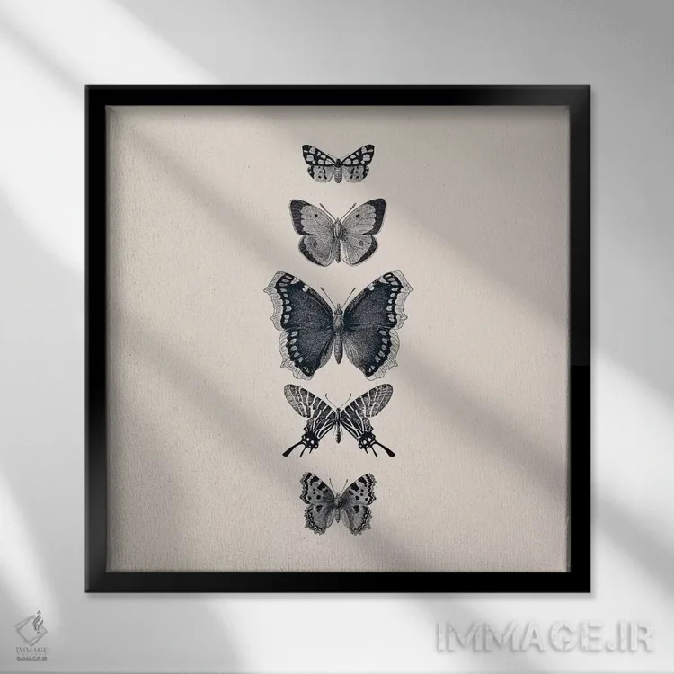 تابلو پروانههای نقاشی شده با جوهر (بژ، مربع) اثر مونیکا استریگل - نمای قابدار مشکی