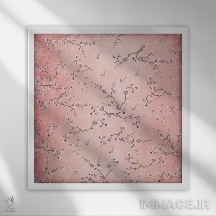 تابلو ساکورا عاشقانه سرخگونه VI (مربع) اثر مونیکا استریگل - نمای قابدار سفید