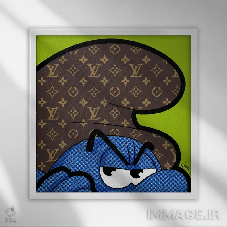 تابلو اسمورف بیلبوردی اثر گرگوار "لئون" گیمن (هنرمند پاپآرت فرانسوی) - نمای قابدار سفید