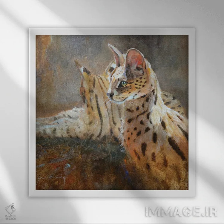 تابلو سروال (گربه وحشی آفریقایی) اثر گرانت هکینگ - نمای قابدار سفید