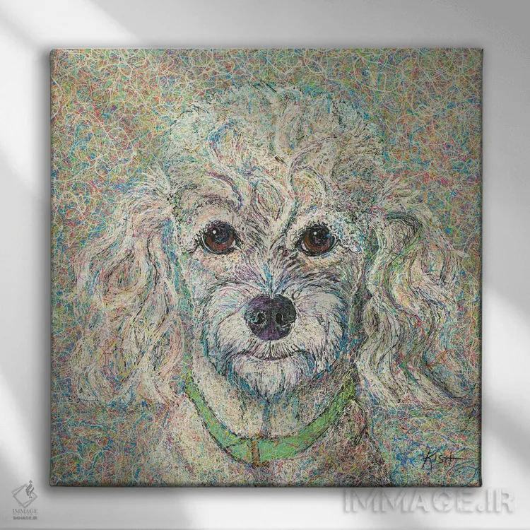 تابلو پودل قطرهای (به سبک Drip Art) اثر گرچن کیش سرانو - نمای روبهرو روی دیوار