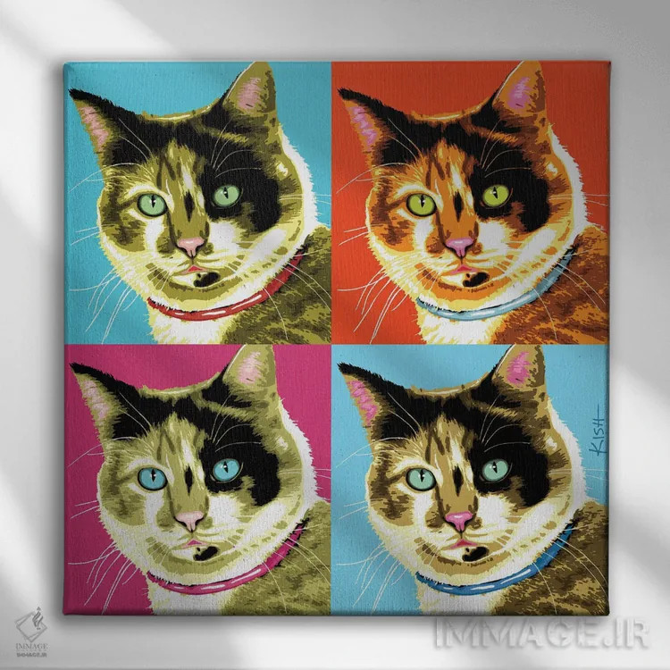 تابلو چهار گربه کالیکو پورهول (بازی با وارهول و صدای گربه) اثر گرچن کیش سرانو - نمای روبهرو روی دیوار