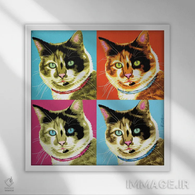 تابلو چهار گربه کالیکو پورهول (بازی با وارهول و صدای گربه) اثر گرچن کیش سرانو - نمای قابدار سفید