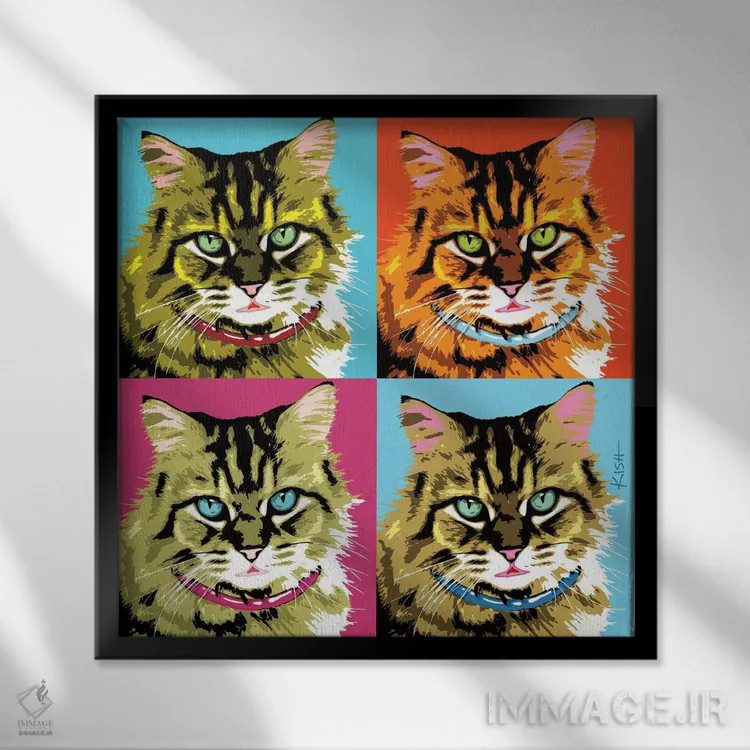تابلو چهار گربه تبی پورهول (بازی با وارهول و صدای گربه) اثر گرچن کیش سرانو - نمای قابدار مشکی