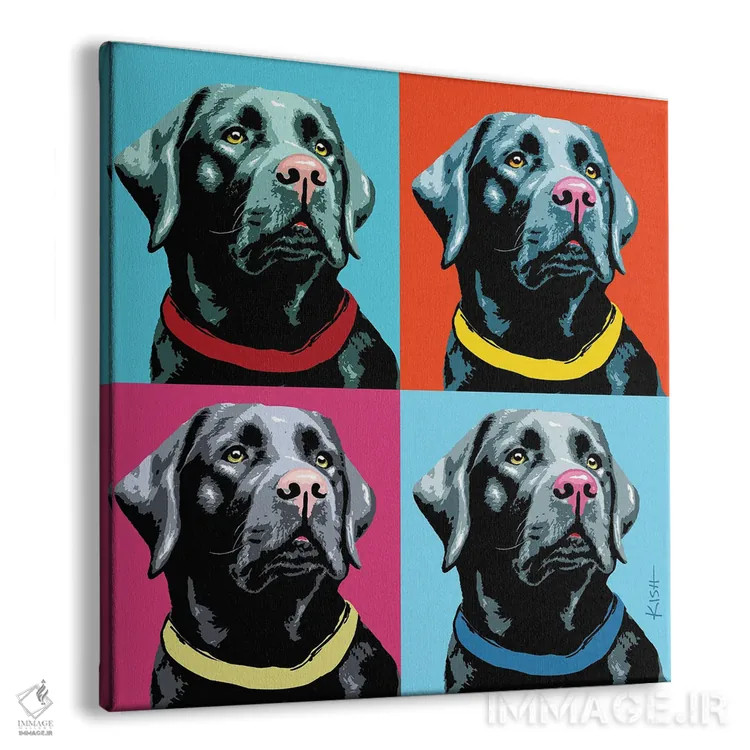 تابلو چهار لبرادور مشکی ووفهول (بازی با وارهول و صدای سگ) اثر گرچن کیش سرانو - نمای پرسپکتیو محصول
