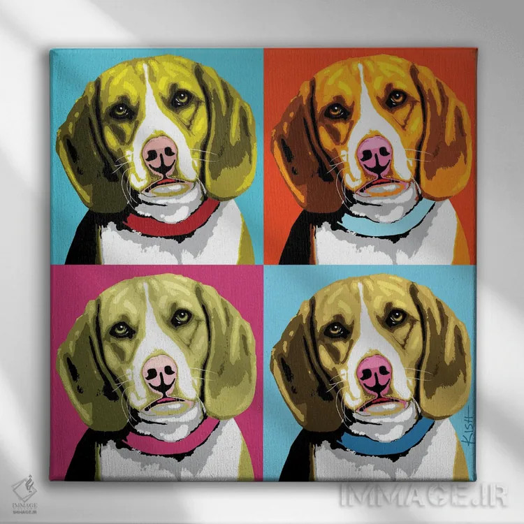 تابلو چهار بیگل ووفهول (بازی با وارهول و صدای سگ) اثر گرچن کیش سرانو - نمای روبهرو روی دیوار