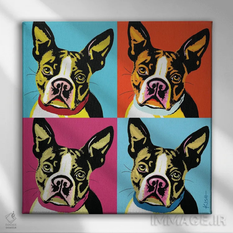 تابلو چهار بوستون تریر ووفهول (بازی با وارهول و صدای سگ) اثر گرچن کیش سرانو - نمای روبهرو روی دیوار