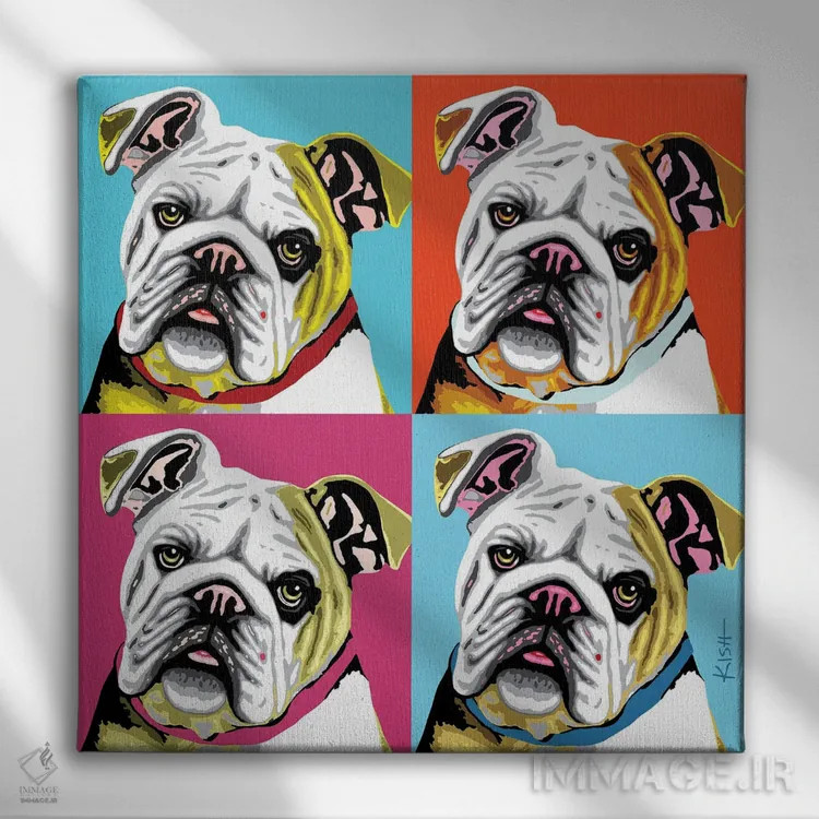 تابلو چهار بولداگ ووفهول (بازی با وارهول و صدای سگ) اثر گرچن کیش سرانو - نمای روبهرو روی دیوار