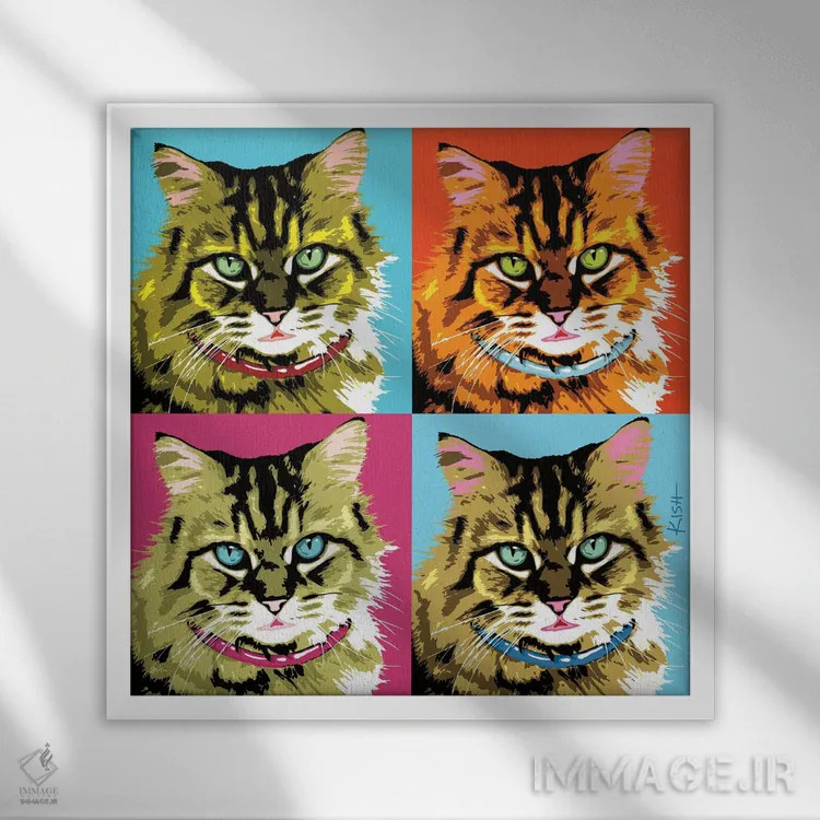 تابلو چهار گربه تبی پورهول (بازی با وارهول و صدای گربه) اثر گرچن کیش سرانو - نمای قابدار سفید