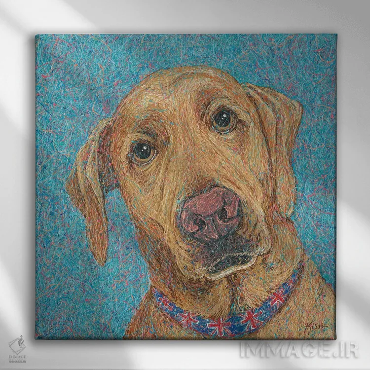 تابلو لبرادور روباهی قرمز قطرهای (به سبک Drip Art) اثر گرچن کیش سرانو - نمای روبهرو روی دیوار