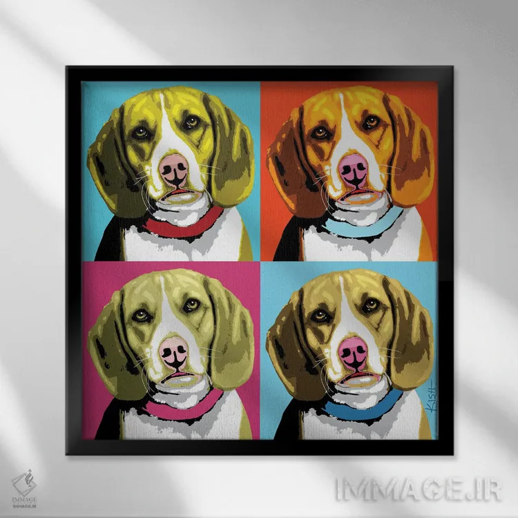 تابلو چهار بیگل ووفهول (بازی با وارهول و صدای سگ) اثر گرچن کیش سرانو - نمای قابدار مشکی