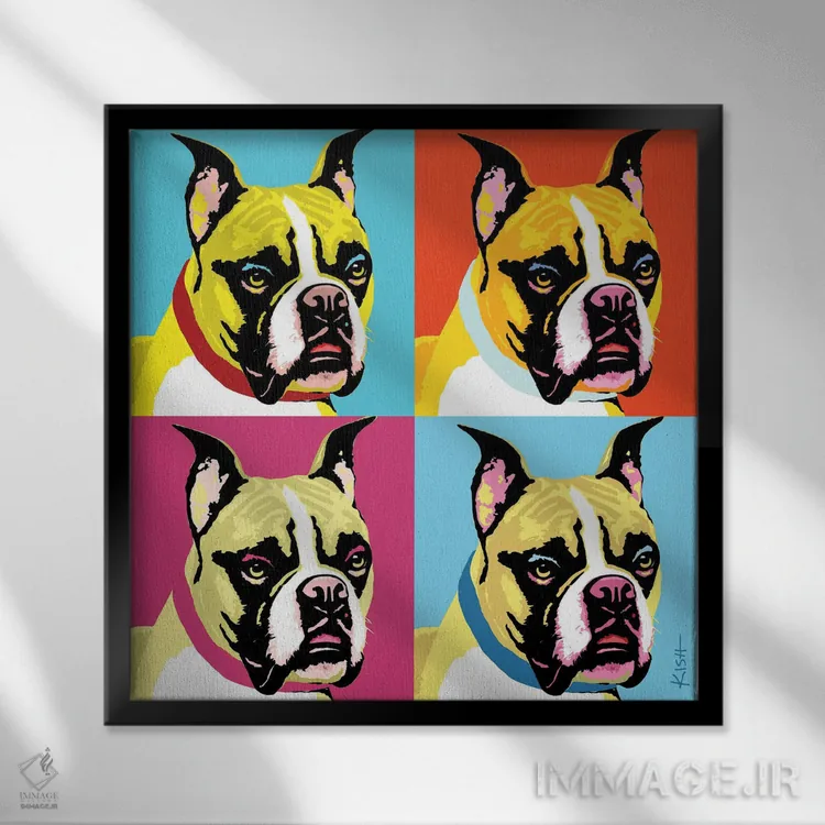 تابلو چهار باکسر ووفهول (بازی با وارهول و صدای سگ) اثر گرچن کیش سرانو - نمای قابدار مشکی