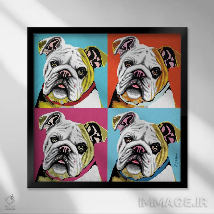 تابلو چهار بولداگ ووفهول (بازی با وارهول و صدای سگ) اثر گرچن کیش سرانو - نمای قابدار مشکی