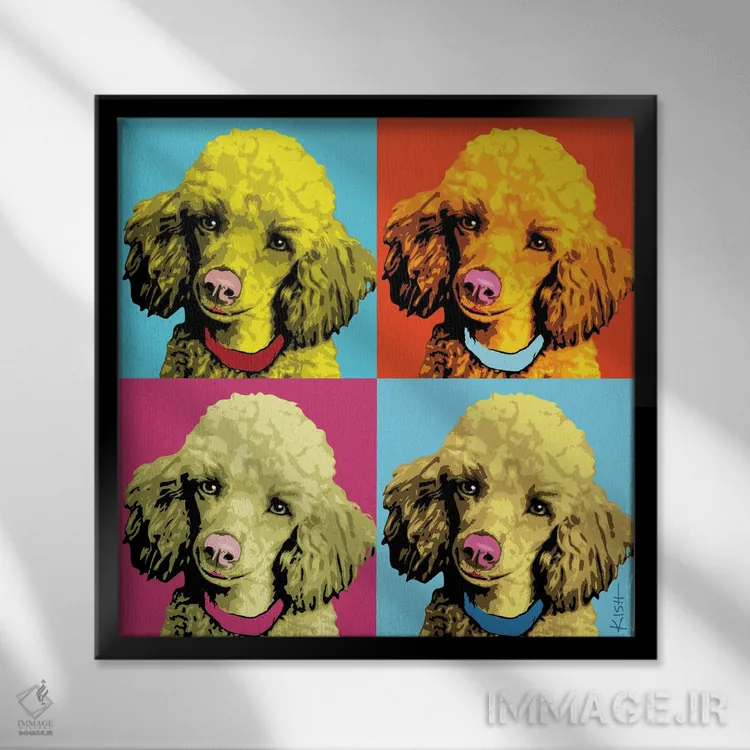 تابلو چهار پودل ووفهول (بازی با وارهول و صدای سگ) اثر گرچن کیش سرانو - نمای قابدار مشکی