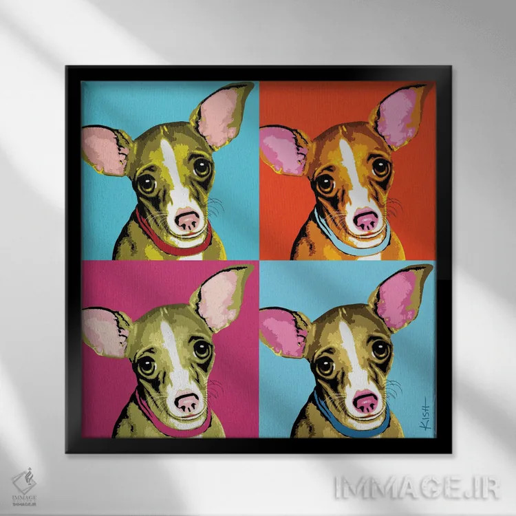 تابلو چهار چیواوا ووفهول (بازی با وارهول و صدای سگ) اثر گرچن کیش سرانو - نمای قابدار مشکی