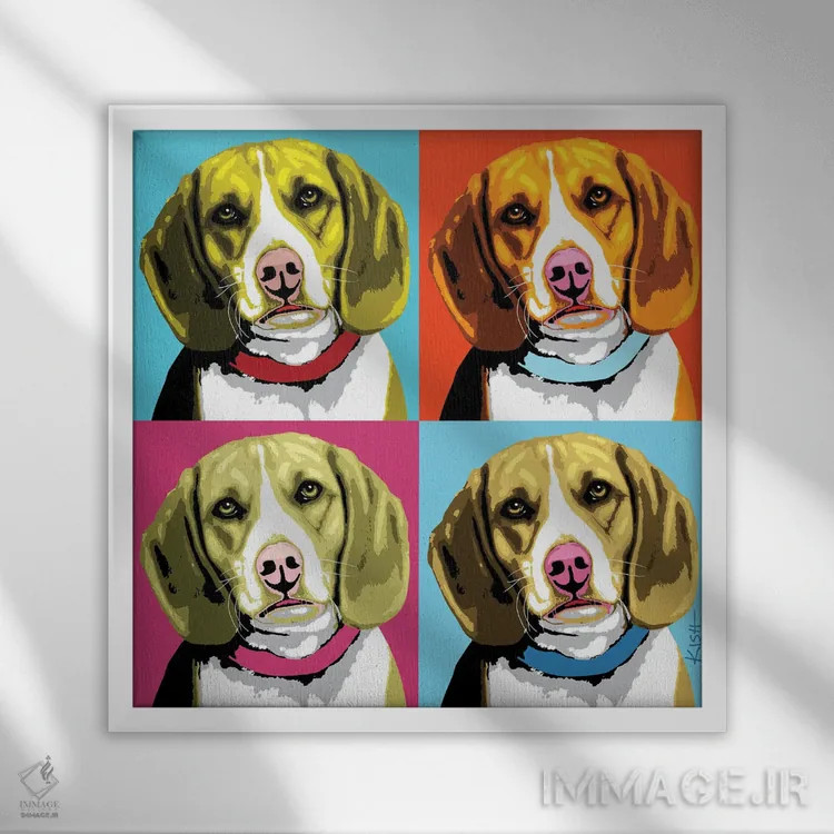 تابلو چهار بیگل ووفهول (بازی با وارهول و صدای سگ) اثر گرچن کیش سرانو - نمای قابدار سفید