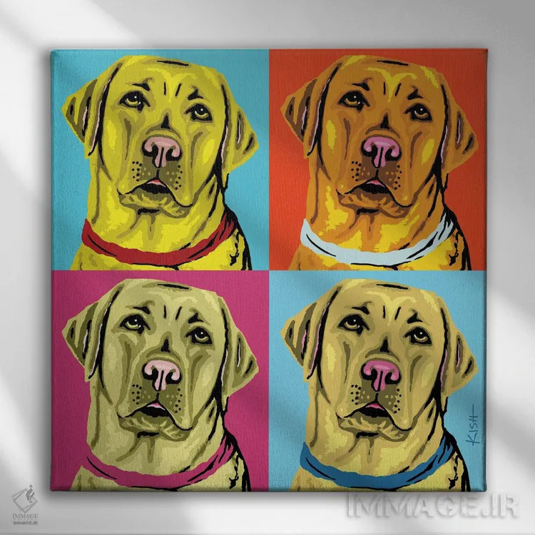 تابلو چهار لبرادور زرد ووفهول (بازی با وارهول و صدای سگ) اثر گرچن کیش سرانو - نمای روبهرو روی دیوار