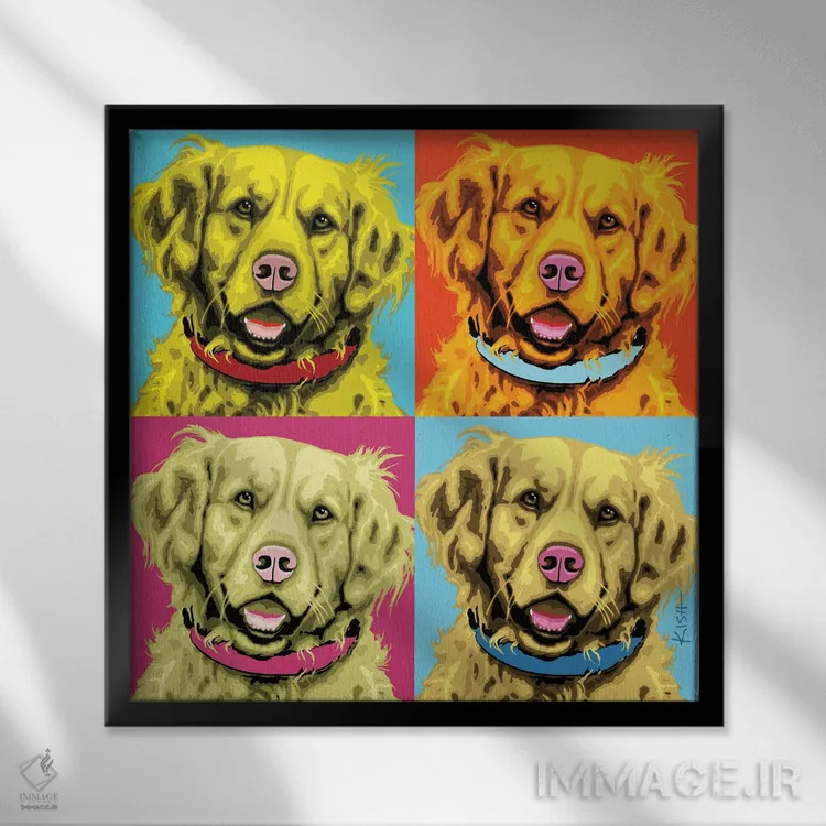 تابلو چهار گلدن رتریور ووفهول (بازی با وارهول و صدای سگ) اثر گرچن کیش سرانو - نمای قابدار مشکی