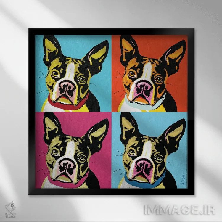 تابلو چهار بوستون تریر ووفهول (بازی با وارهول و صدای سگ) اثر گرچن کیش سرانو - نمای قابدار مشکی