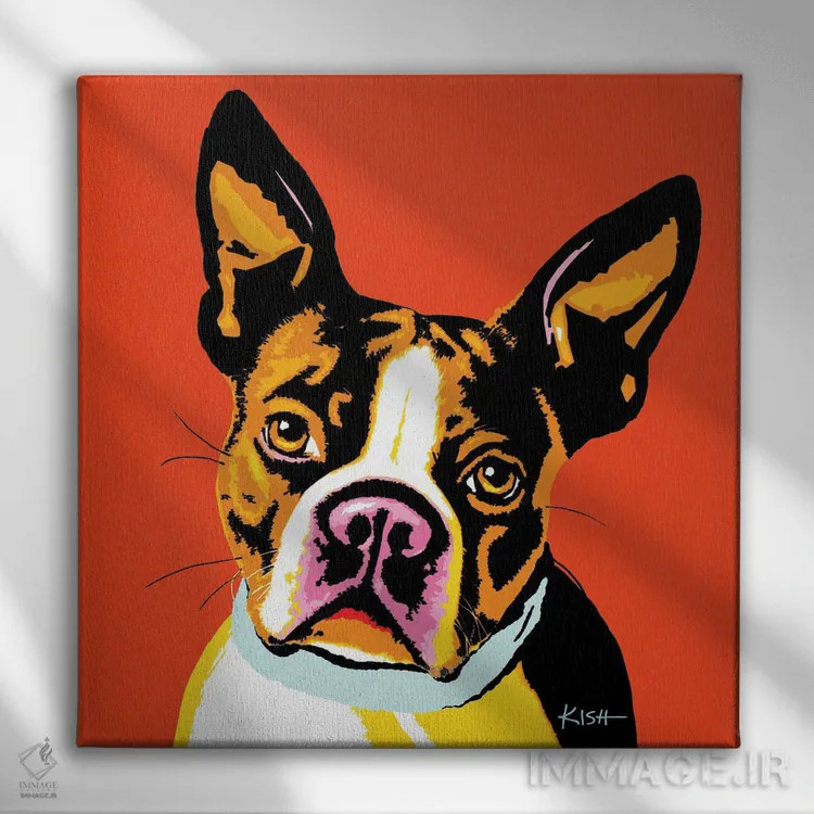 تابلو بوستون تریر نارنجی ووفهول (بازی با وارهول) اثر گرچن کیش سرانو - نمای روبهرو روی دیوار