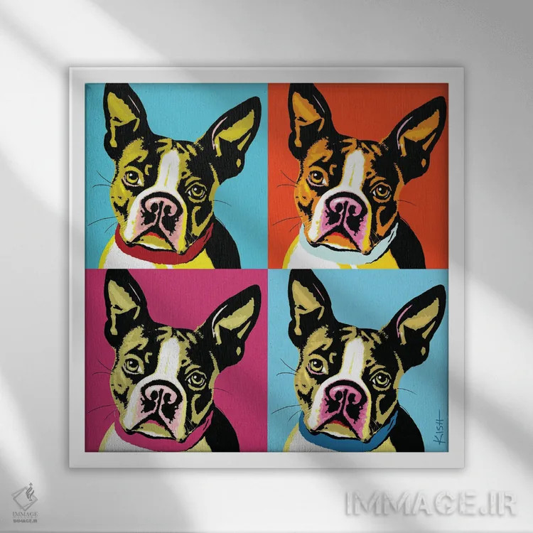 تابلو چهار بوستون تریر ووفهول (بازی با وارهول و صدای سگ) اثر گرچن کیش سرانو - نمای قابدار سفید