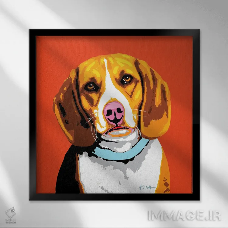تابلو بیگل نارنجی ووفهول (بازی با وارهول و سگ) اثر گرچن کیش سرانو - نمای قابدار مشکی
