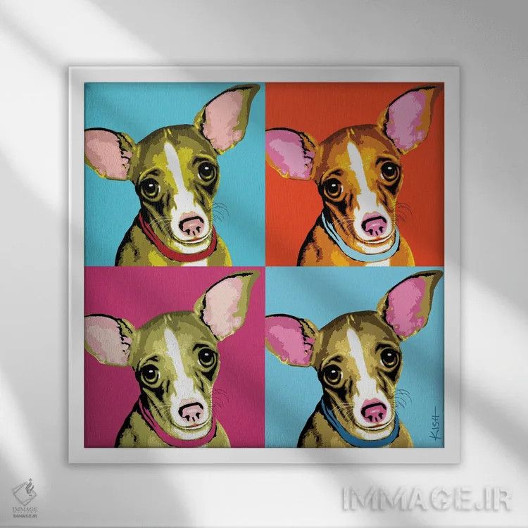 تابلو چهار چیواوا ووفهول (بازی با وارهول و صدای سگ) اثر گرچن کیش سرانو - نمای قابدار سفید