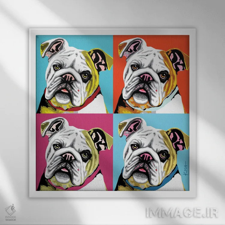 تابلو چهار بولداگ ووفهول (بازی با وارهول و صدای سگ) اثر گرچن کیش سرانو - نمای قابدار سفید