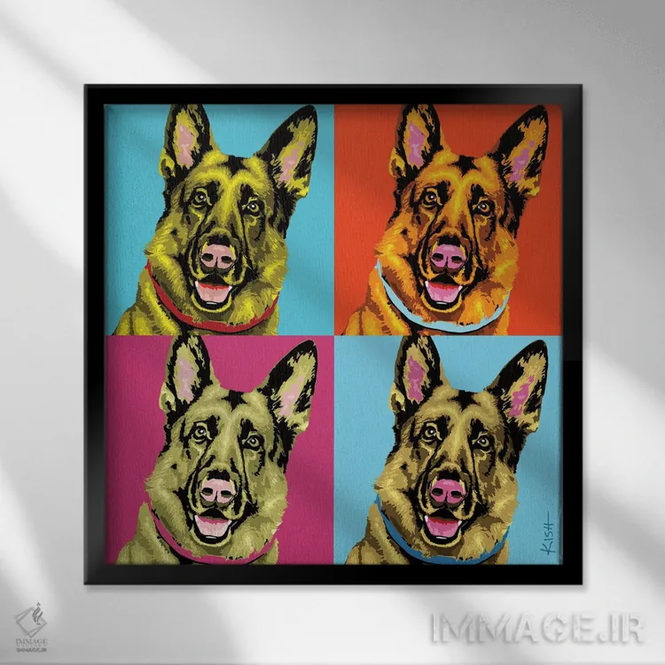 تابلو چهار ژرمن شپرد ووفهول (بازی با وارهول و صدای سگ) اثر گرچن کیش سرانو - نمای قابدار مشکی