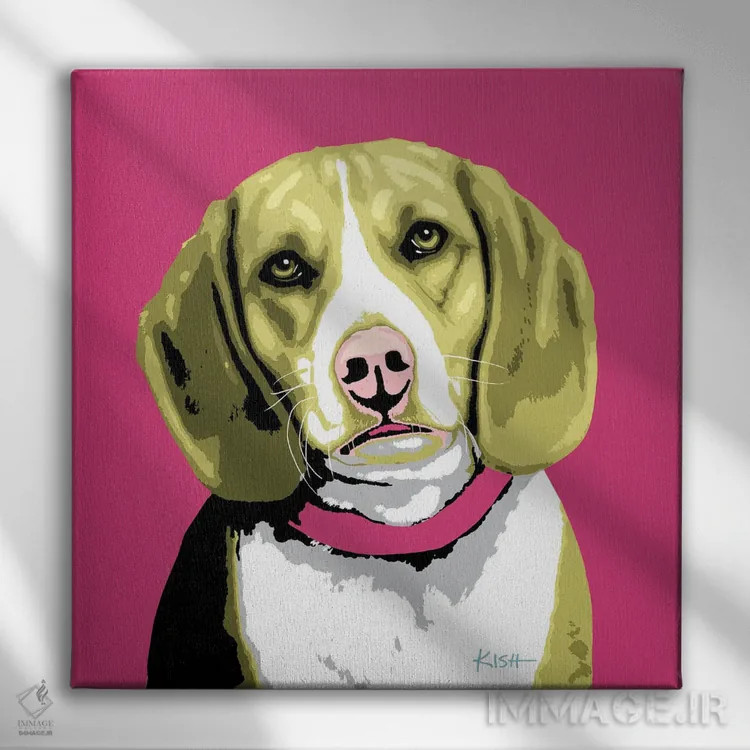 تابلو بیگل صورتی ووفهول (بازی با وارهول و سگ) اثر گرچن کیش سرانو - نمای روبهرو روی دیوار