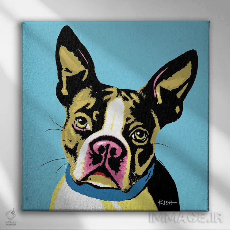 تابلو بوستون تریر آبی ووفهول (بازی با وارهول) اثر گرچن کیش سرانو - نمای روبهرو روی دیوار