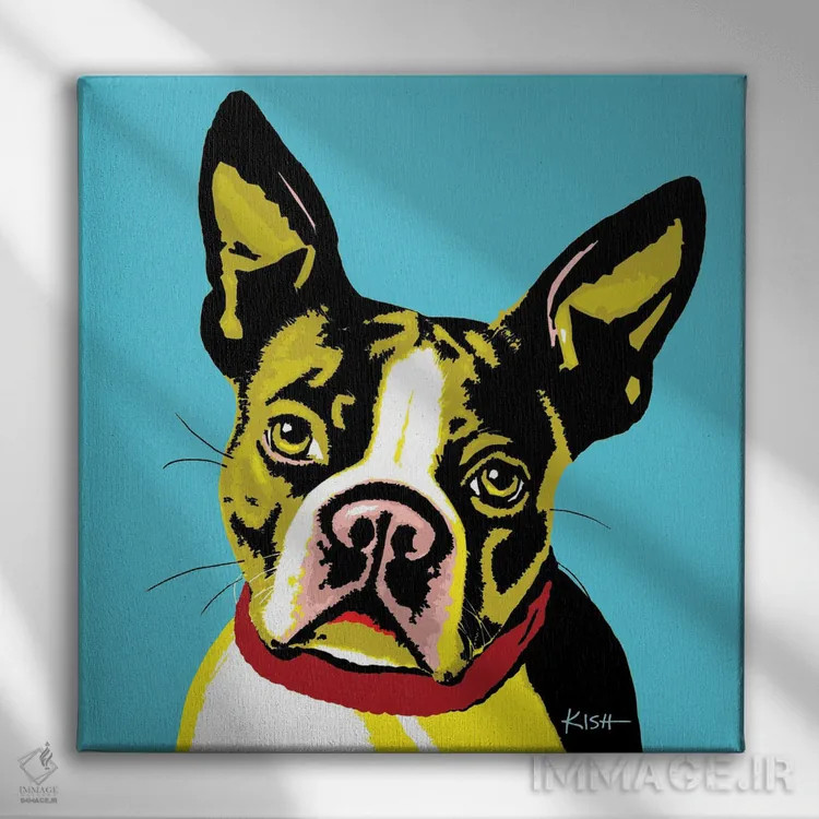 تابلو بوستون تریر سبزآبی ووفهول (بازی با وارهول) اثر گرچن کیش سرانو - نمای روبهرو روی دیوار