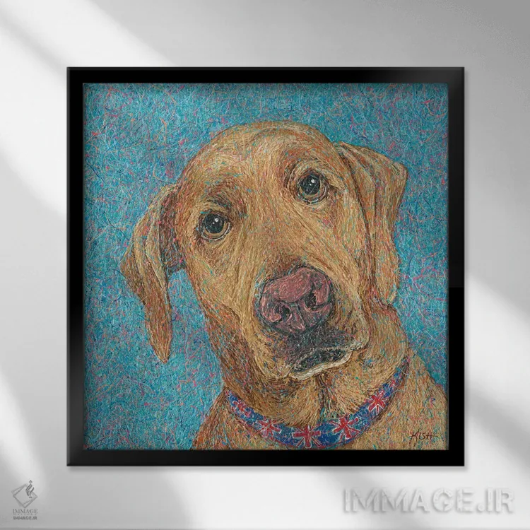 تابلو لبرادور روباهی قرمز قطرهای (به سبک Drip Art) اثر گرچن کیش سرانو - نمای قابدار مشکی