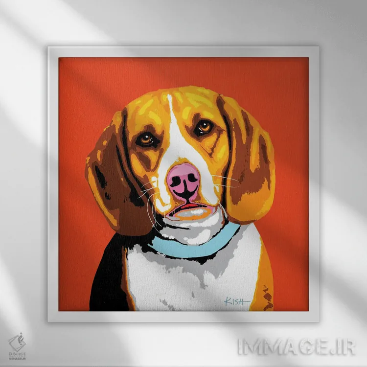 تابلو بیگل نارنجی ووفهول (بازی با وارهول و سگ) اثر گرچن کیش سرانو - نمای قابدار سفید