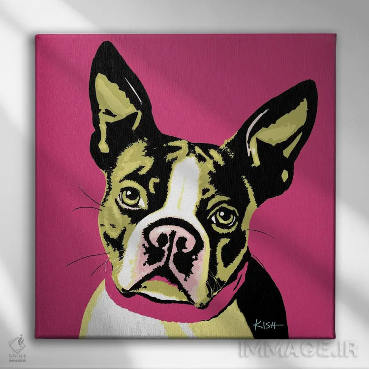 تابلو بوستون تریر صورتی ووفهول (بازی با وارهول) اثر گرچن کیش سرانو - نمای روبهرو روی دیوار