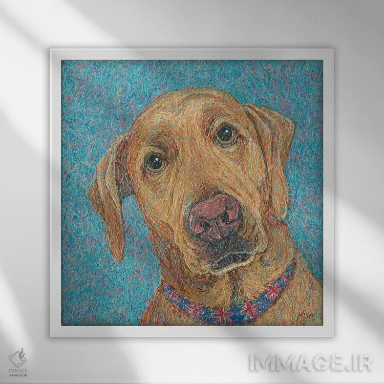 تابلو لبرادور روباهی قرمز قطرهای (به سبک Drip Art) اثر گرچن کیش سرانو - نمای قابدار سفید