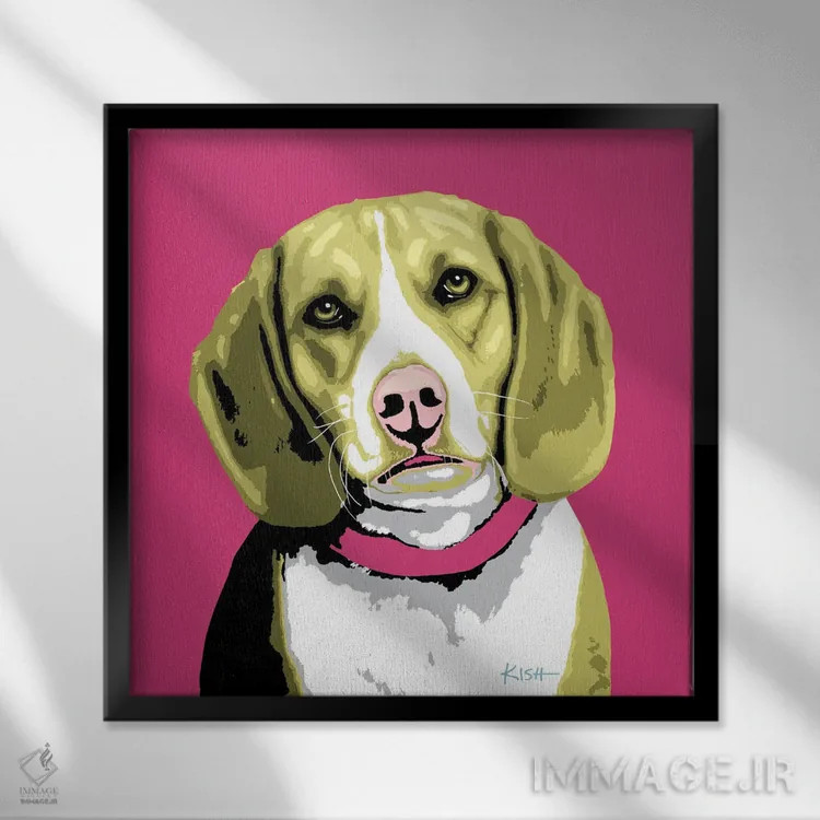 تابلو بیگل صورتی ووفهول (بازی با وارهول و سگ) اثر گرچن کیش سرانو - نمای قابدار مشکی