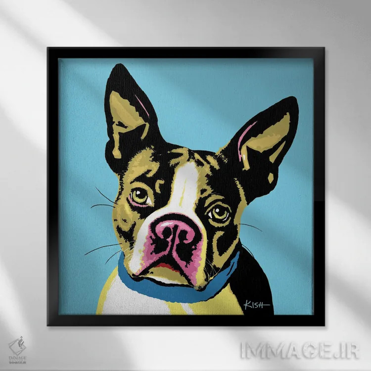 تابلو بوستون تریر آبی ووفهول (بازی با وارهول) اثر گرچن کیش سرانو - نمای قابدار مشکی