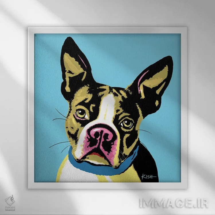 تابلو بوستون تریر آبی ووفهول (بازی با وارهول) اثر گرچن کیش سرانو - نمای قابدار سفید